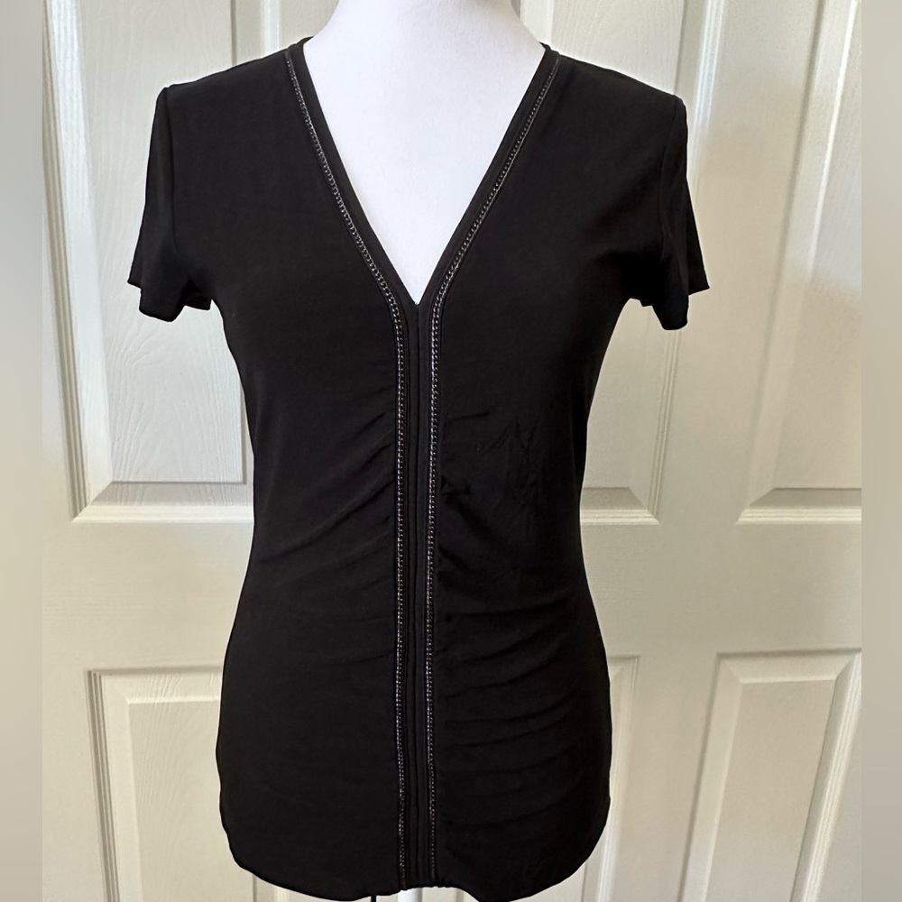 WHBM shirred top with chain detail, size XS, black, short sleeves NWT